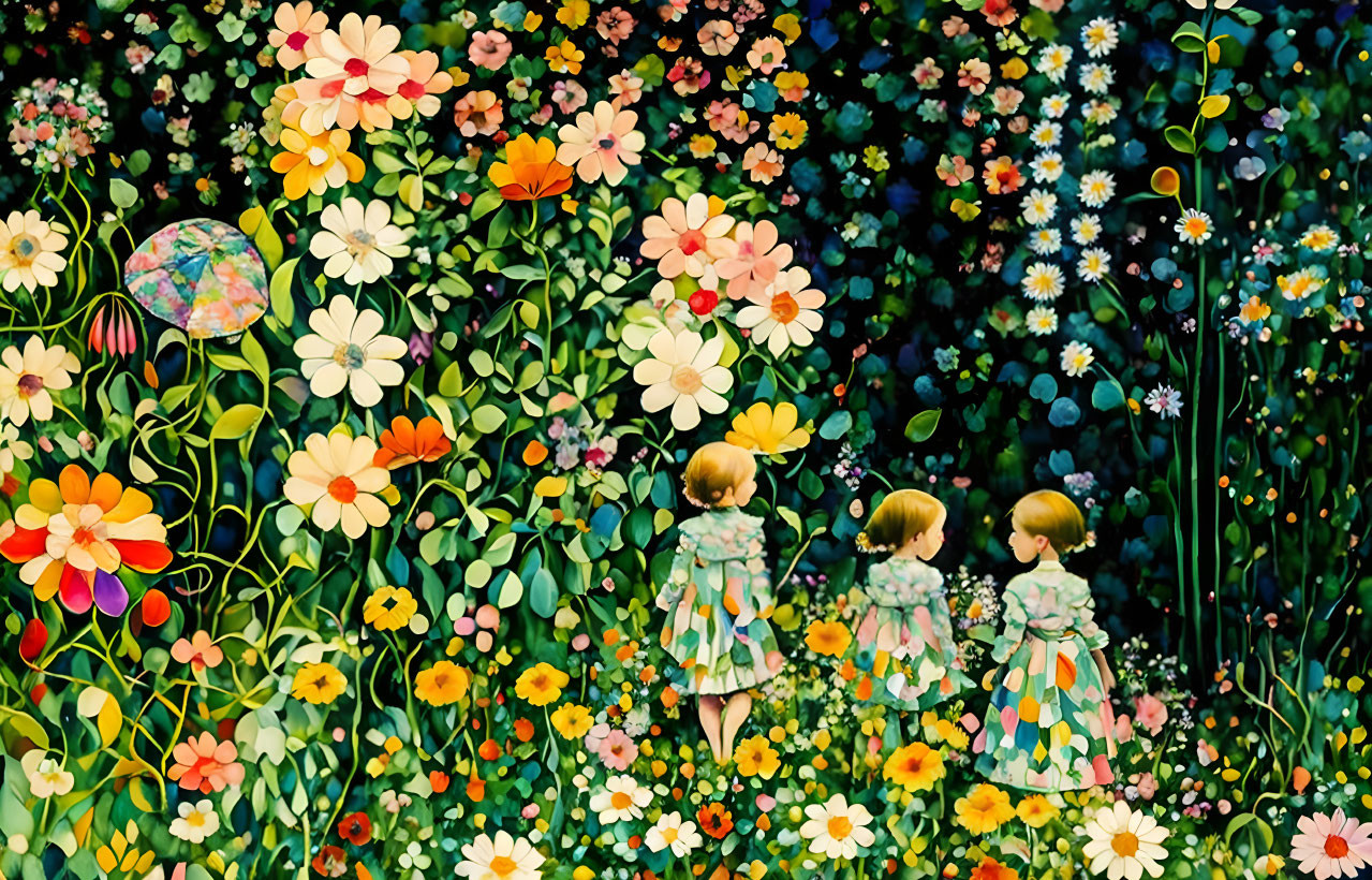 Colorful painting of three girls in matching dresses surrounded by vibrant flowers, creating a dreamy fairy tale