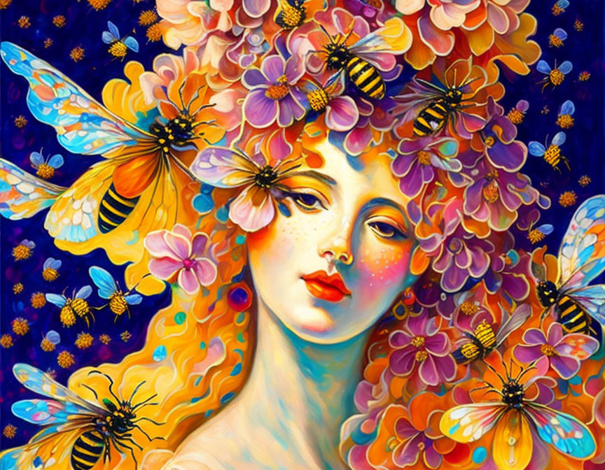 Colorful artwork: Woman with floral hair and bees on blue background