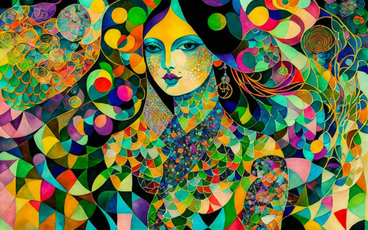 Vibrant abstract painting of woman with geometric patterns