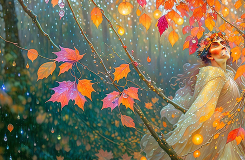 Woman in autumnal setting with leaf crown, falling rain, and colorful leaves.