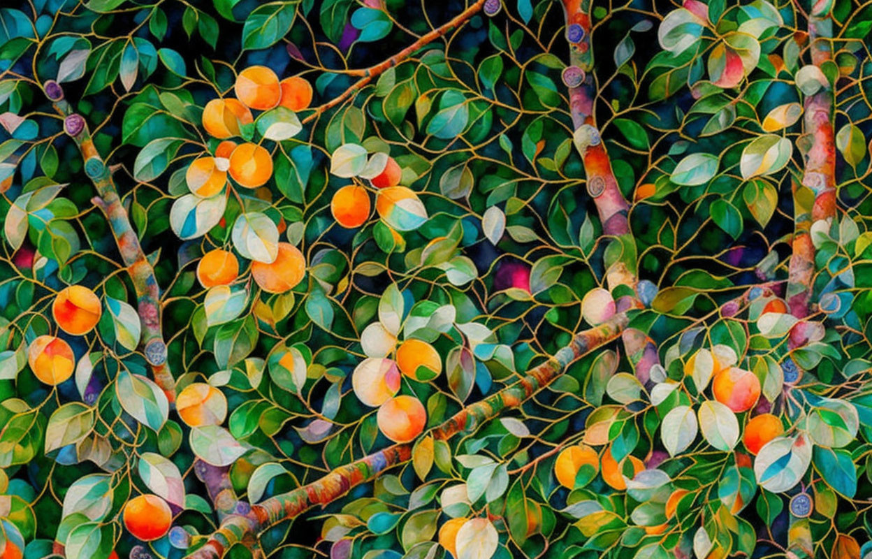 Vivid painting of dense citrus tree with bright fruits and lush green leaves