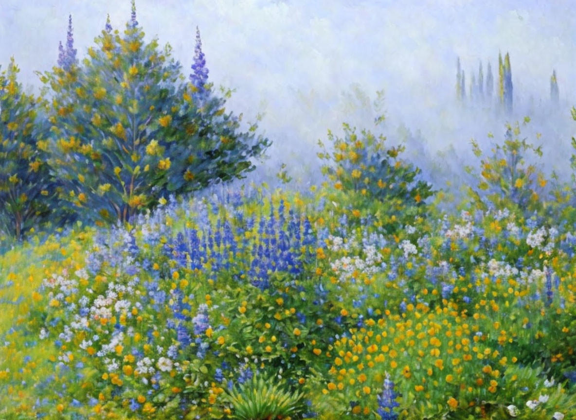 Tranquil impressionist-style painting of blooming field with trees