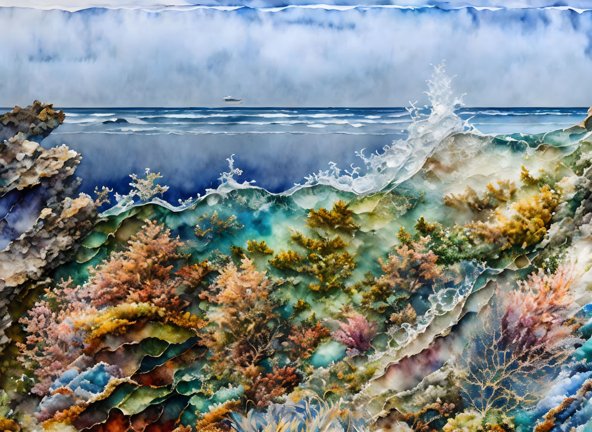 Vibrant abstract art: dynamic ocean waves and underwater corals.