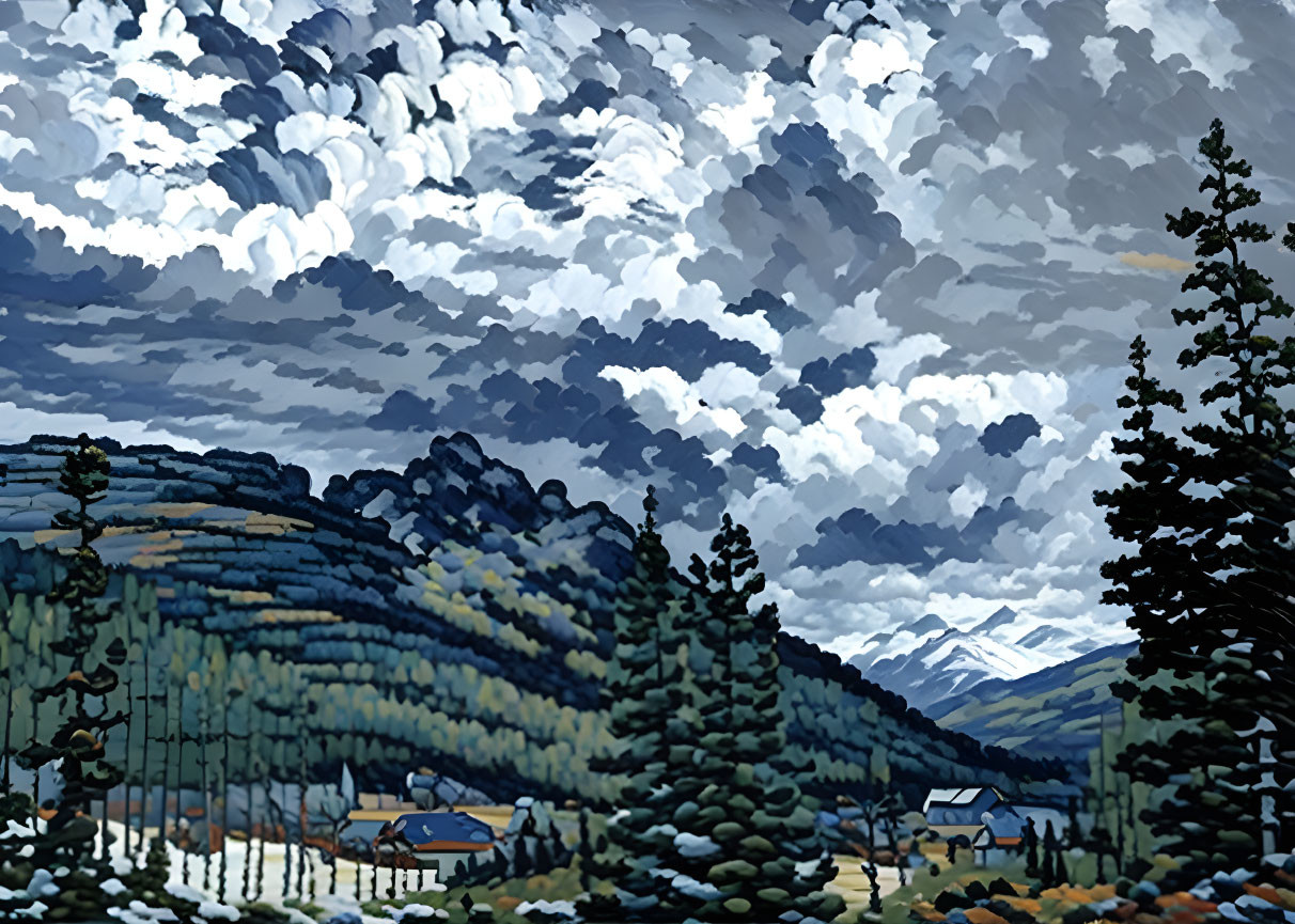 Mountain landscape painting with dramatic clouds and evergreen trees