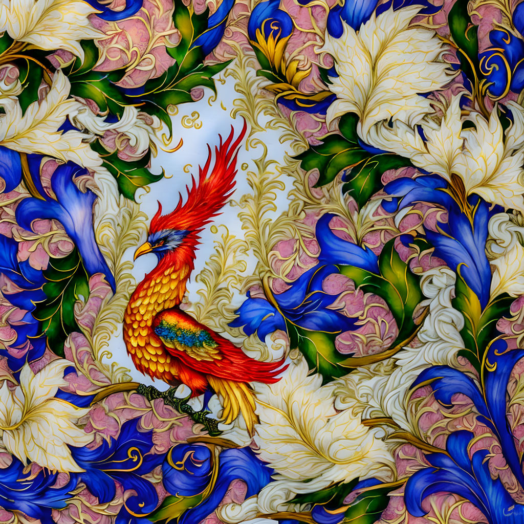 Vibrant Phoenix with Blue, Purple, and Yellow Floral Patterns