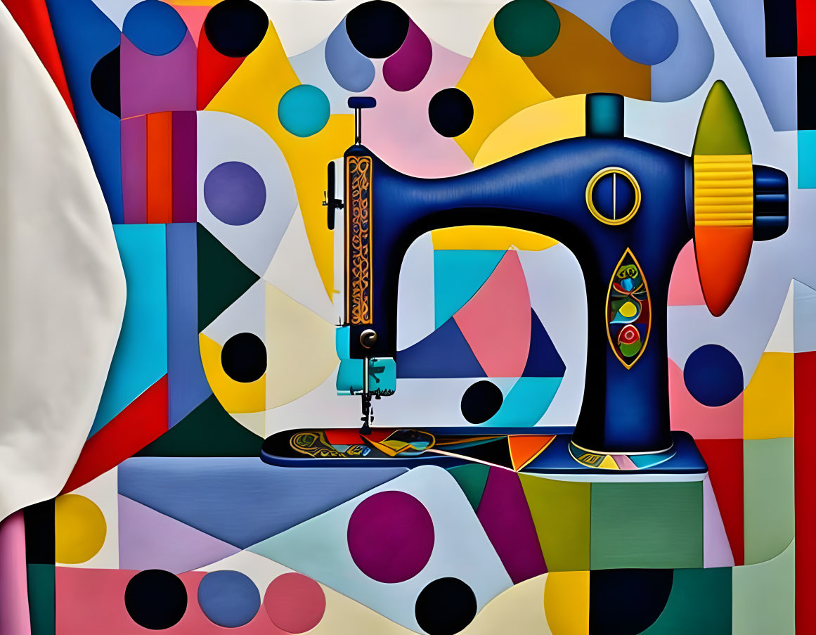 Vibrant surreal painting: sewing machine with abstract patterns