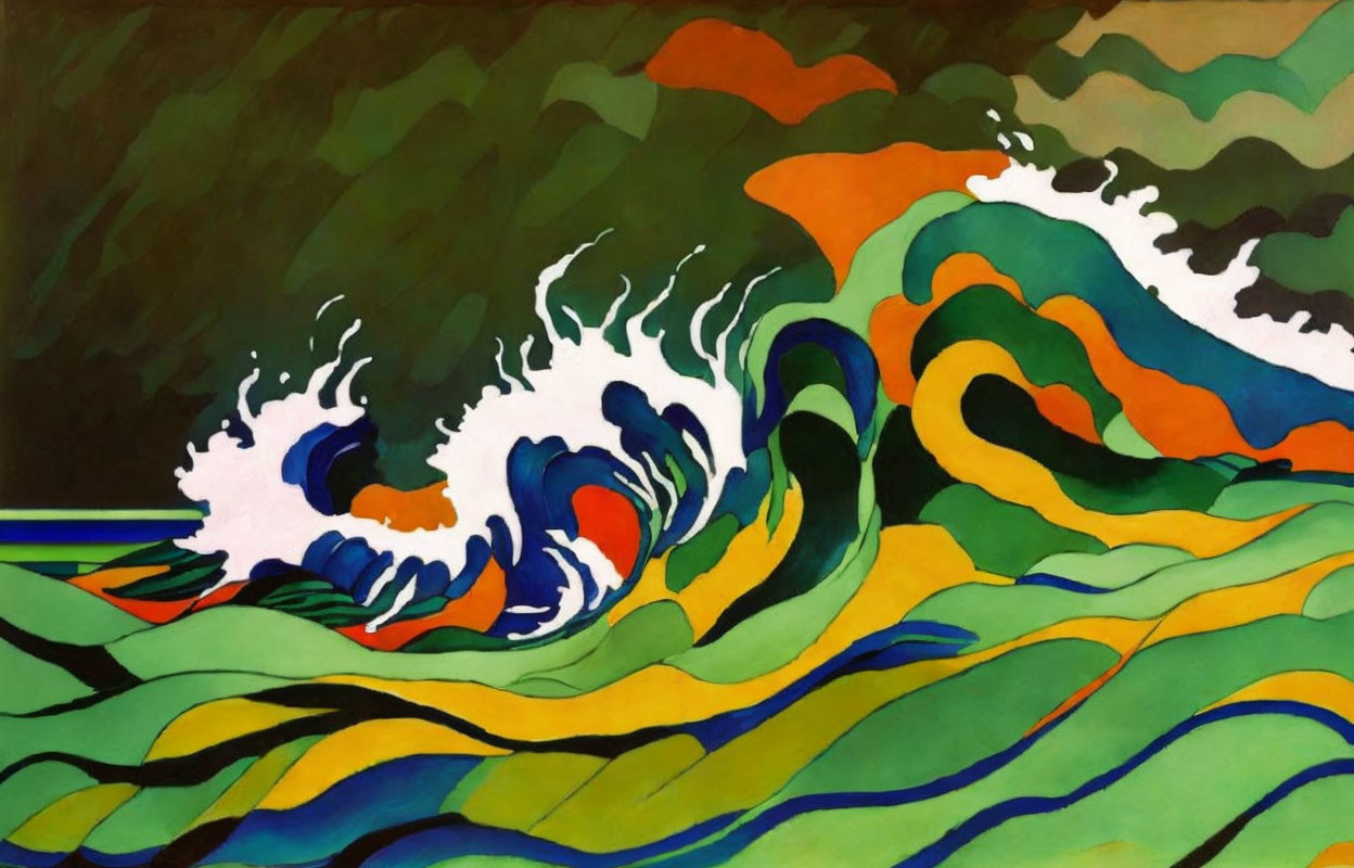 Vibrant abstract painting of colorful waves in green, blue, orange, and white patterns