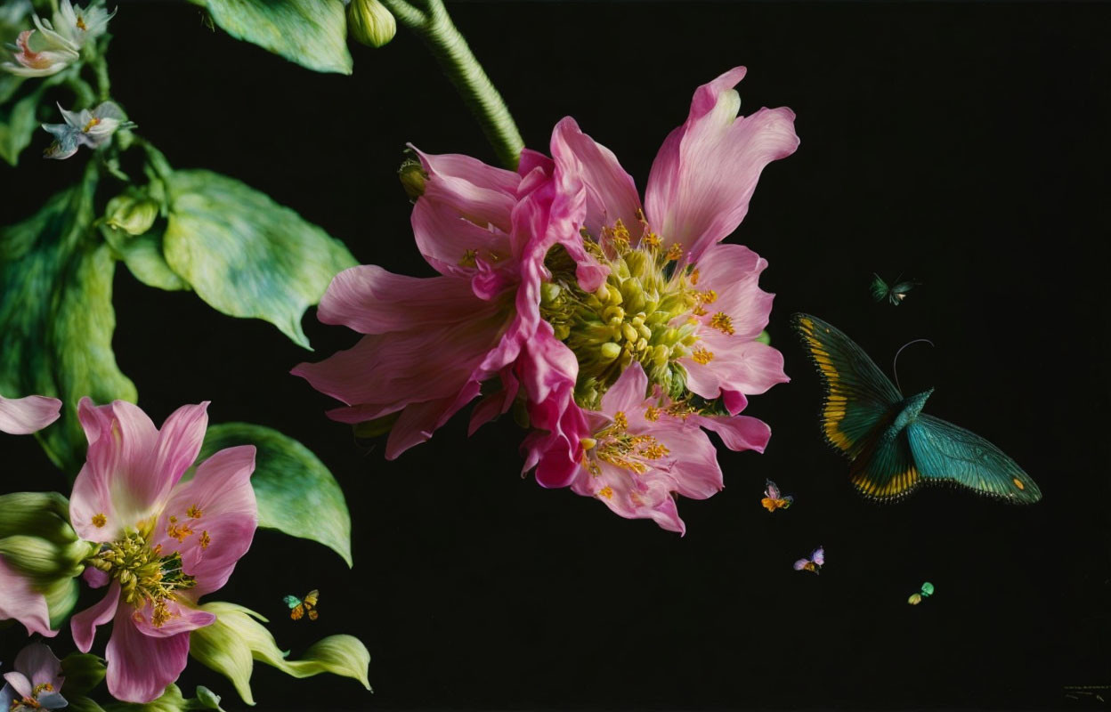 Vibrant pink flowers, green leaves, butterfly, and insects on dark backdrop