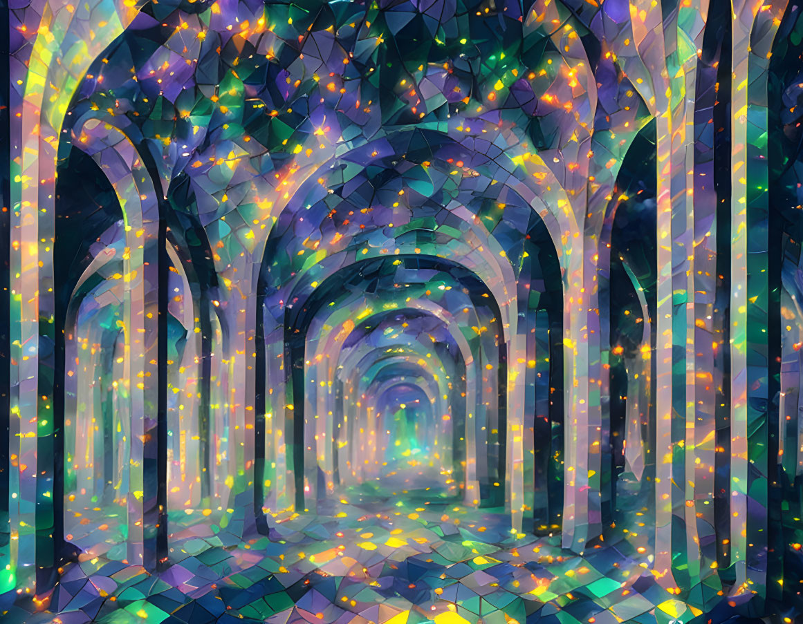 Colorful digital art: Kaleidoscopic tunnel with neon geometric patterns