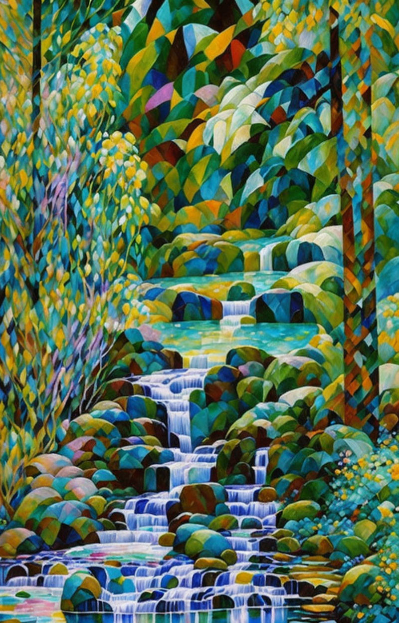 Colorful Mosaic Painting of Waterfall and Foliage