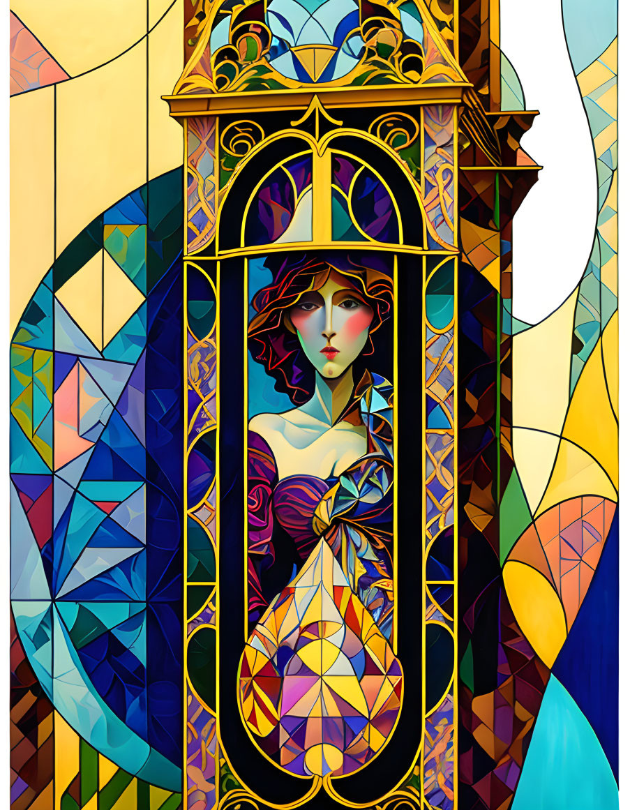 Colorful stained glass illustration of woman in decorative gown and flowing hair framed by ornate window and geometric