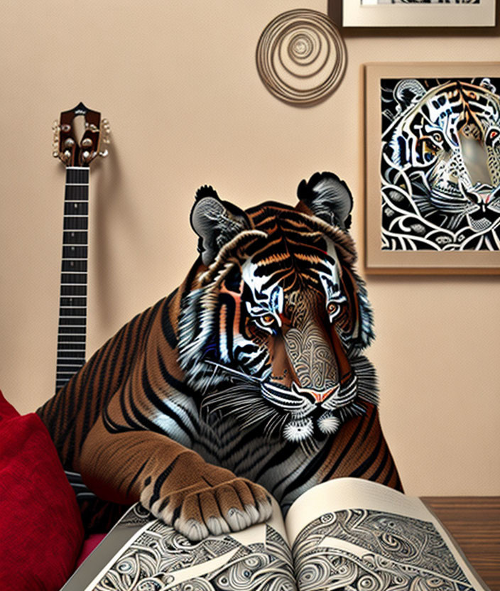 Digitally illustrated tiger with intricate patterns beside an open book and guitar against a decorated wall.