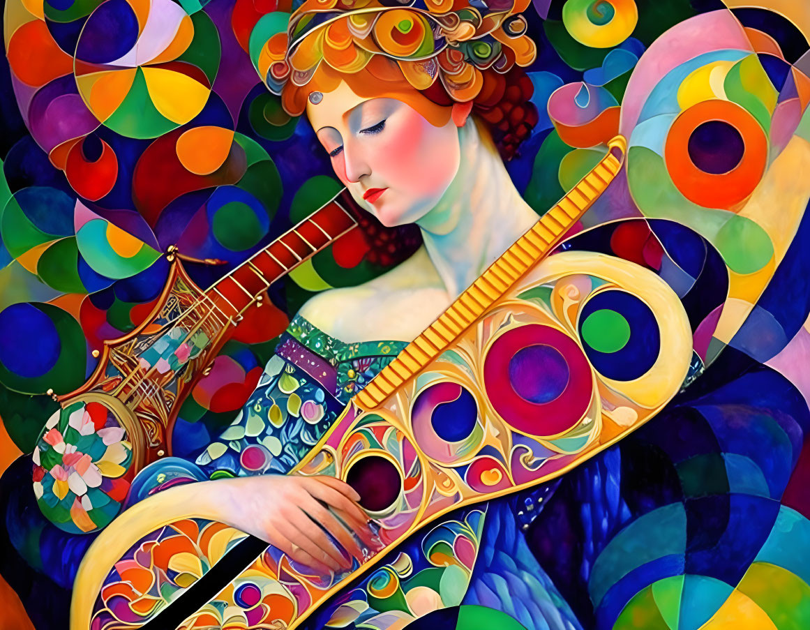 Colorful painting of woman with closed eyes holding lute amid swirling patterns.