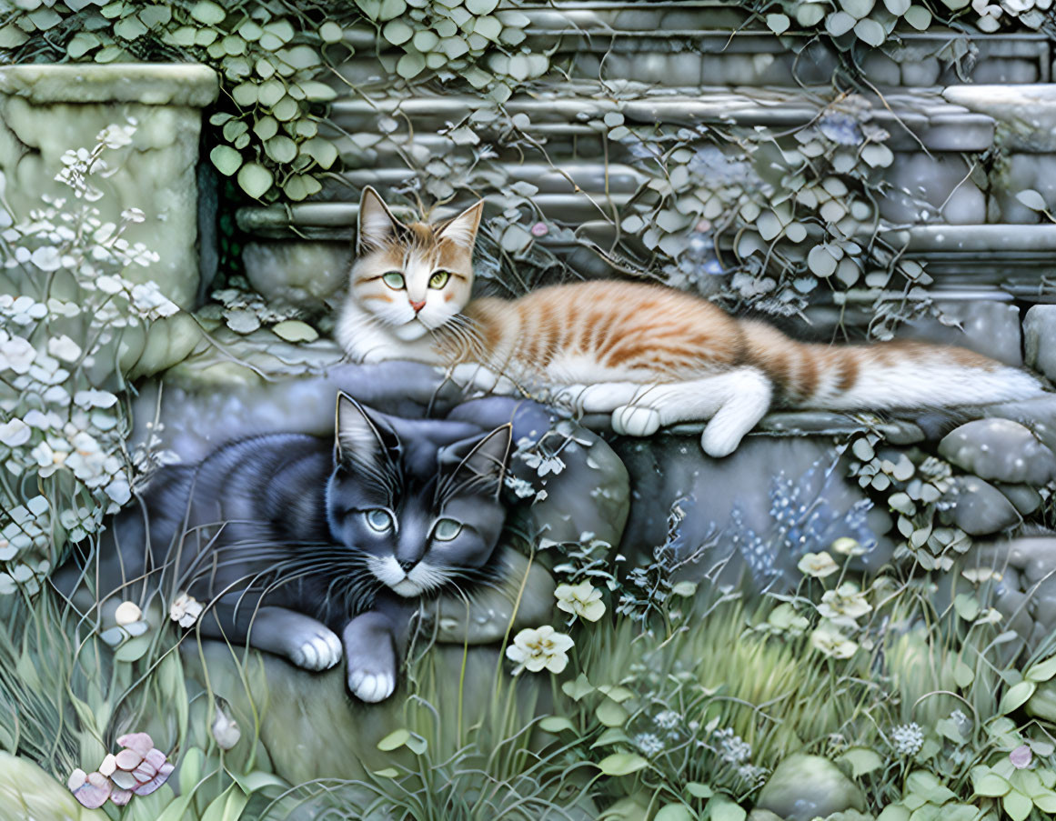 Orange and Black Cats Relaxing on Stone Ledge with Greenery