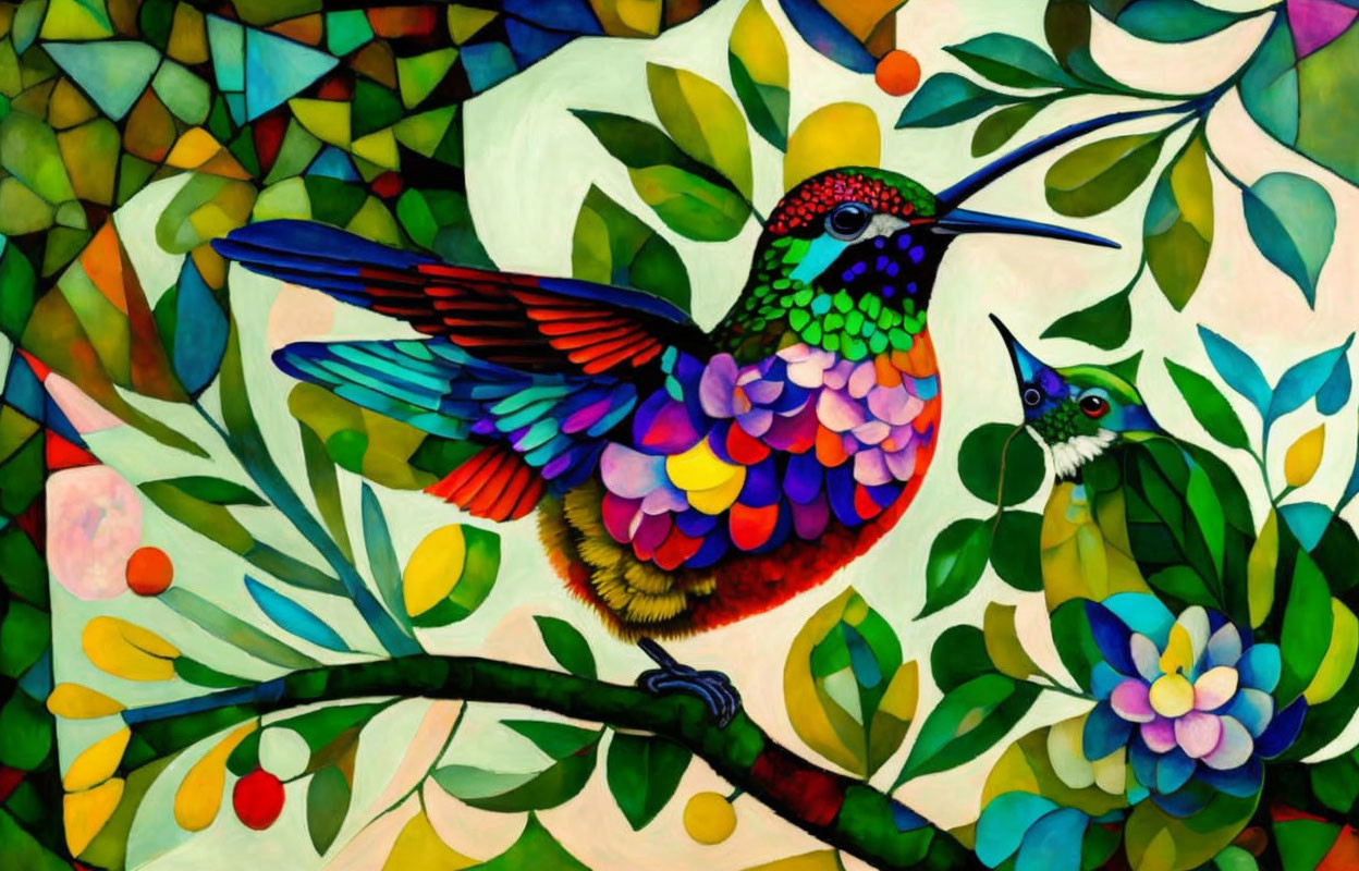 Colorful stained-glass style painting of hummingbirds on branch with foliage.