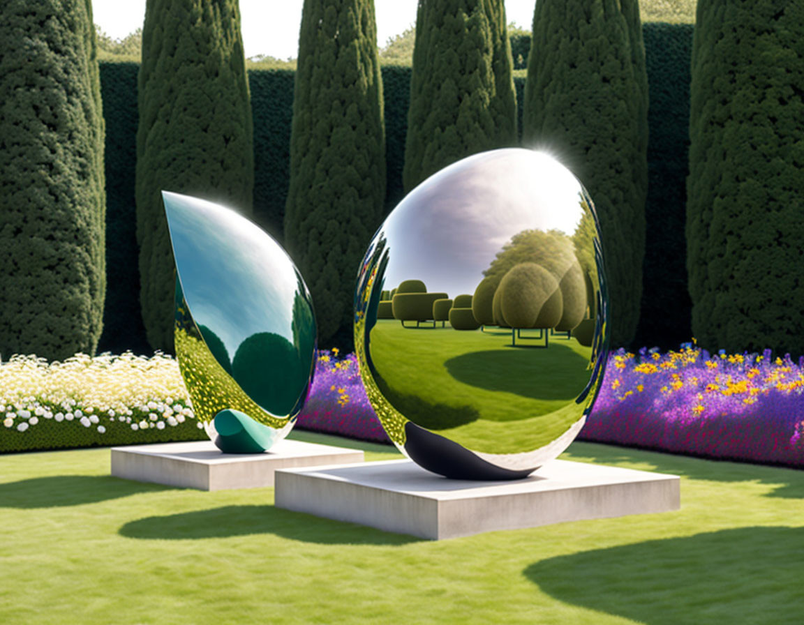 Reflective Spherical Garden Sculptures with Green Interior