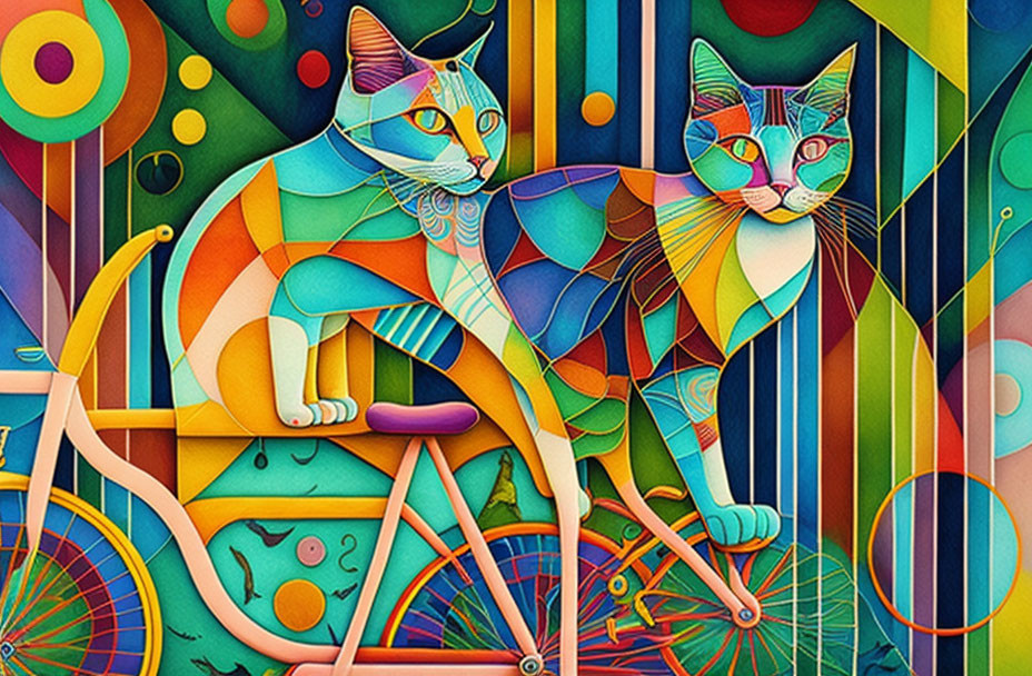 Colorful Painting of Two Cats on Bicycle with Geometric Patterns