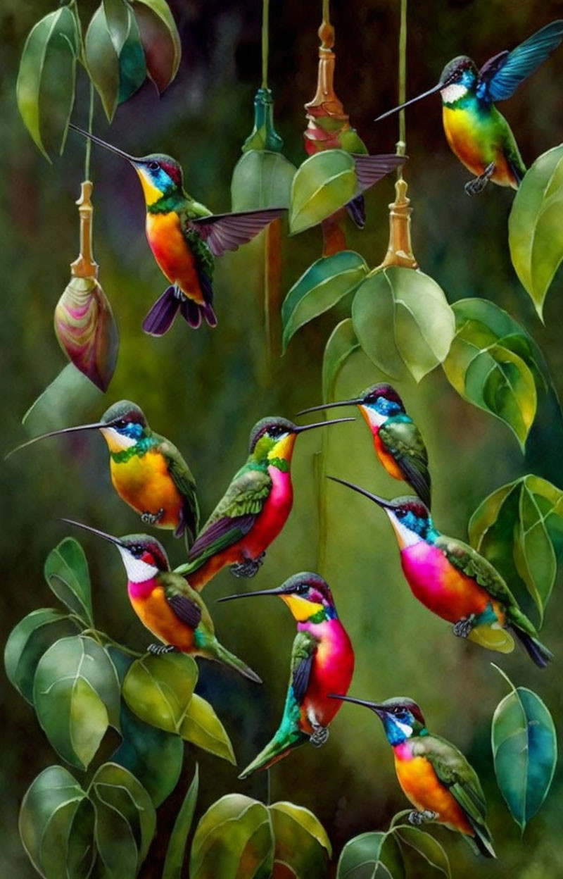 Vibrant hummingbirds at hanging feeders in lush green foliage