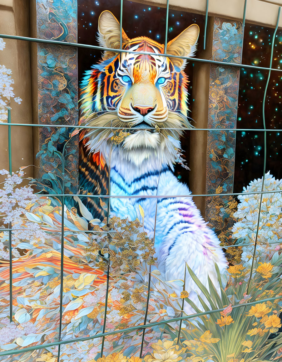 Colorful Tiger Mural with Blue Stripes on Cosmic Background