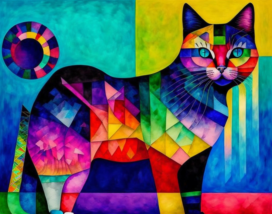 Vibrant abstract cat painting with geometric patterns in blue, green, yellow, red, and purple