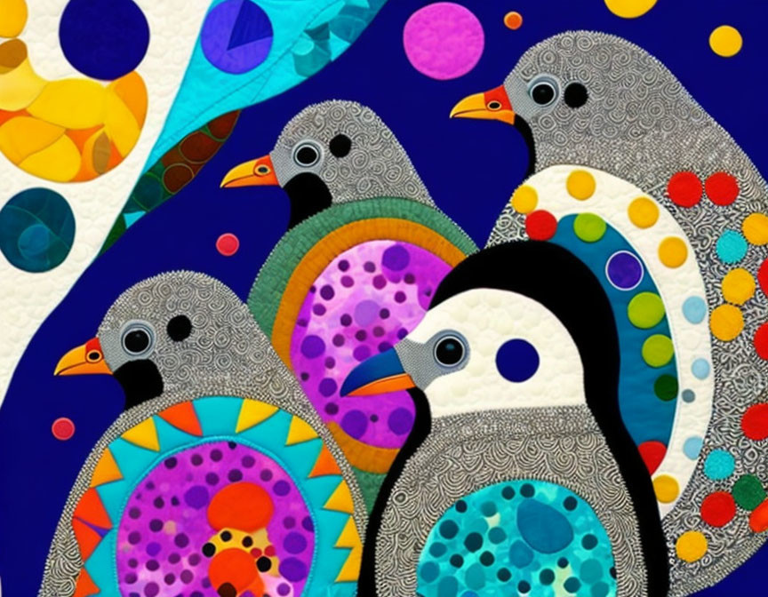 Vibrant Birds with Patterned Bodies on Blue Background