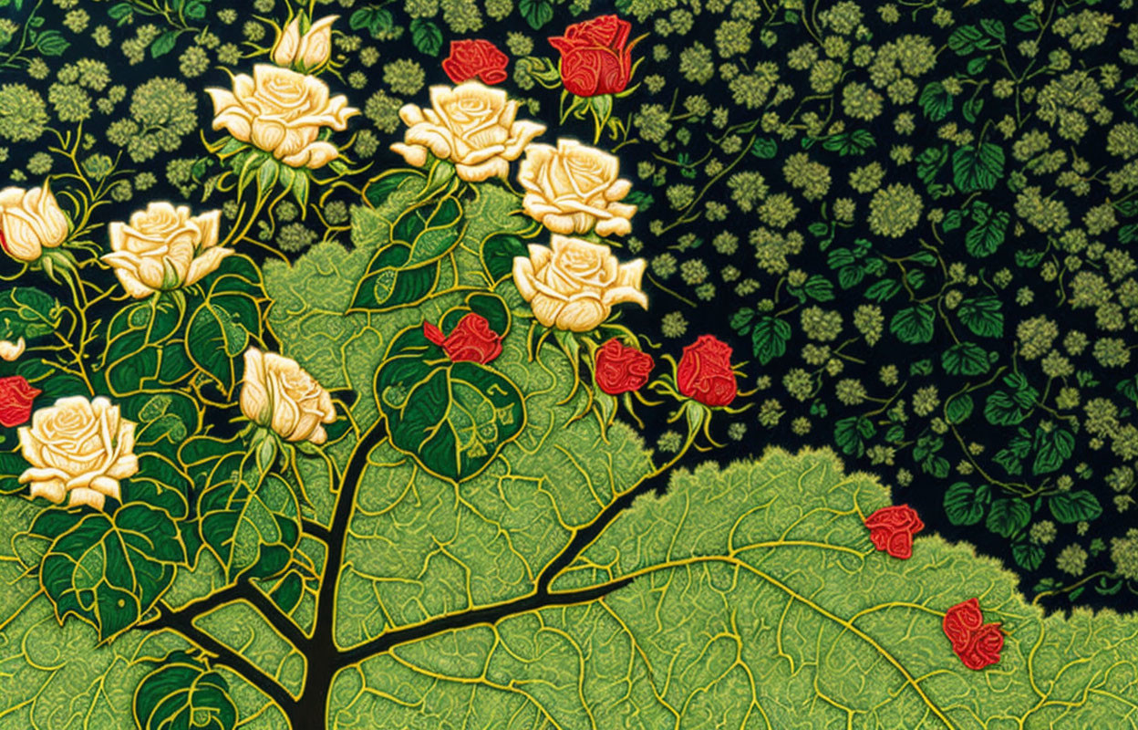 Detailed floral pattern: yellow and red roses on dark foliage backdrop