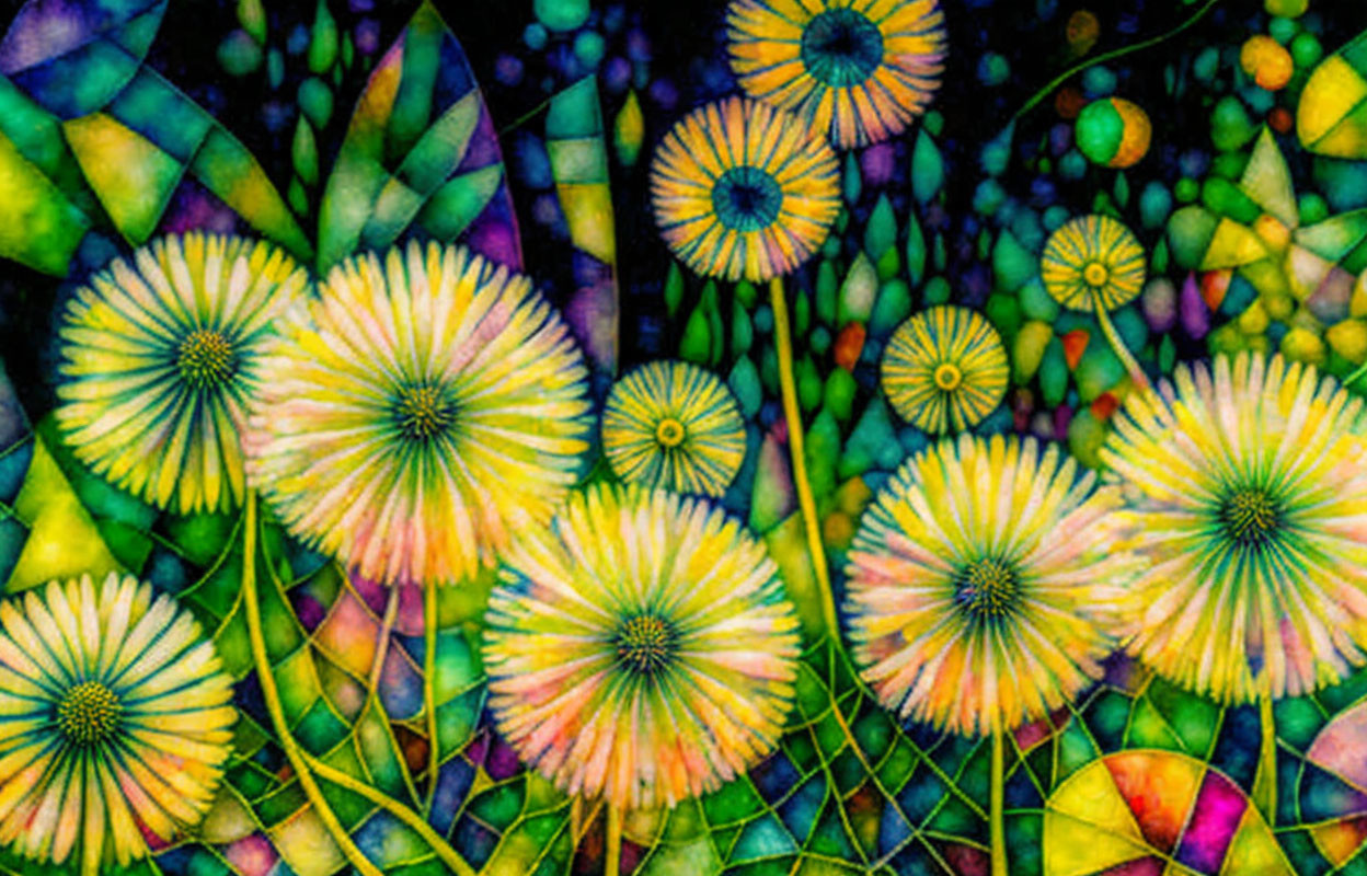 Colorful stained-glass style artwork with yellow flowers on green and blue background