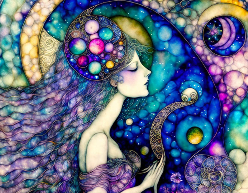 Vibrant celestial woman illustration with stars and planets