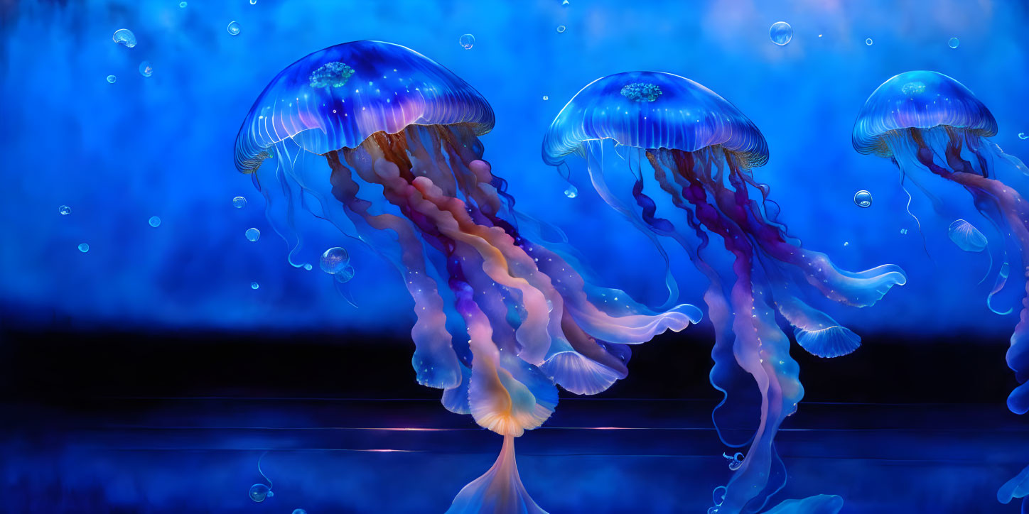 Bioluminescent jellyfish with flowing tentacles in deep blue underwater scene