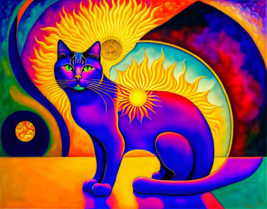 Colorful Psychedelic Painting: Blue Cat with Sun Motif