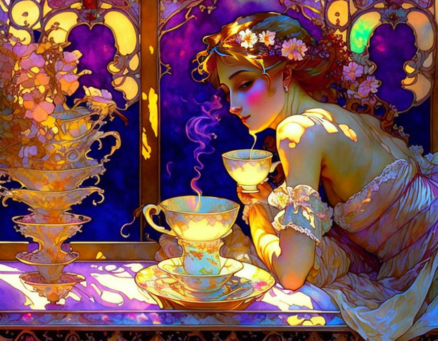 Illustrated woman with floral wreath sipping tea among vibrant colors