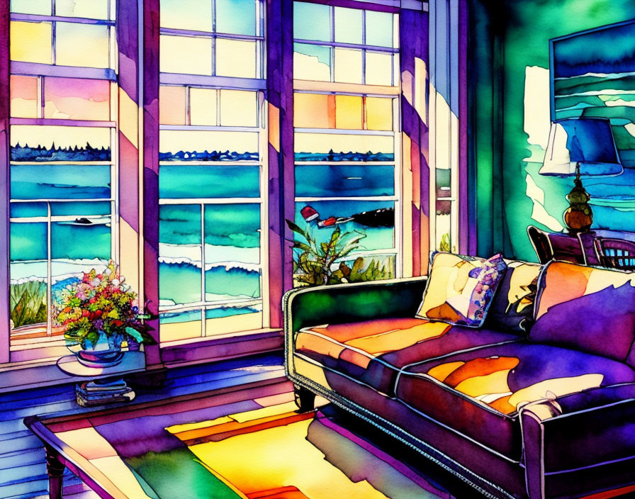 Cozy room with sofa, lamp, sea view at sunset