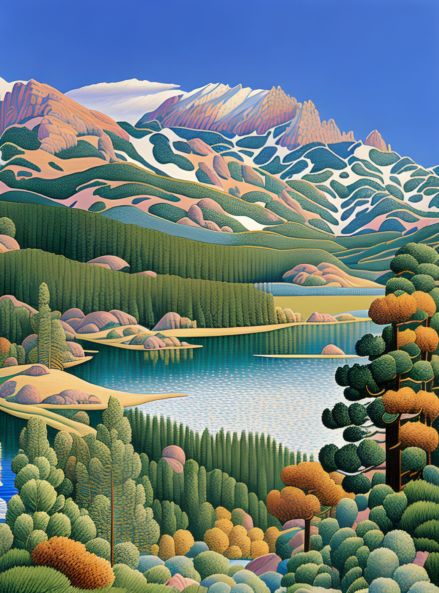 Stylized landscape with hills, mountains, lake, and clear sky