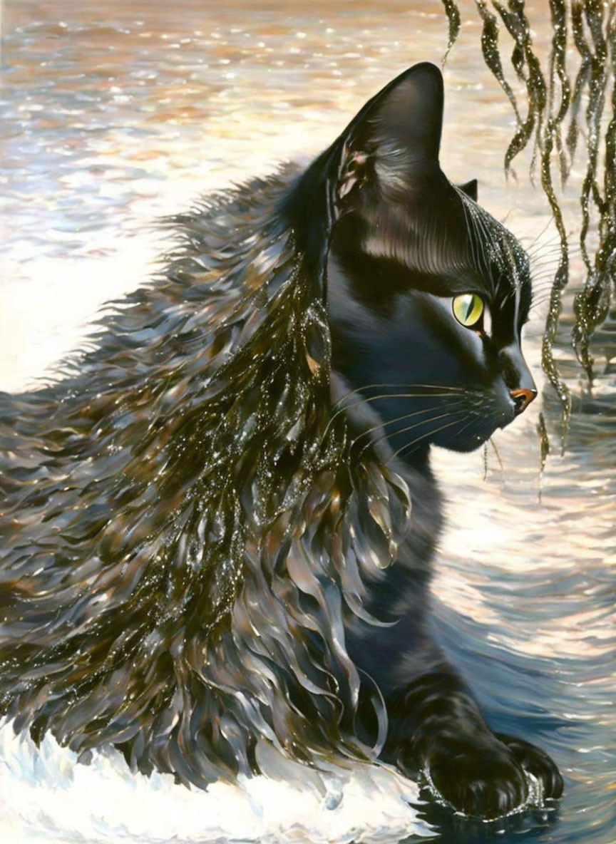 Realistic Painting of Black Cat with Glossy Fur and Green Eyes Submerged in Water