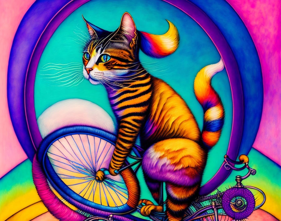 Colorful Cat on Bicycle Wheel with Moon in Circular Background