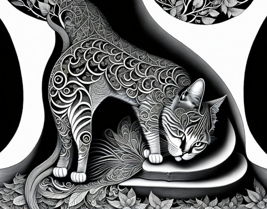 Patterned Black and White Cat on Open Book with Yin Yang Background