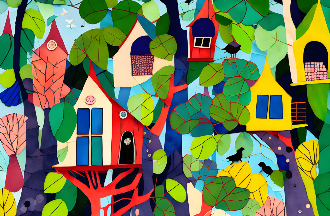 Whimsical treehouse illustration in vibrant forest