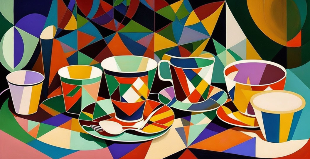 Vibrant Cubist Painting of Geometric Teacups and Cutlery