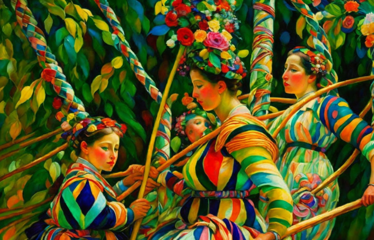 Colorful painting of women and child in patterned dresses among green foliage