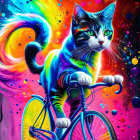 Colorful Cat Riding Bicycle in Cosmic Space Scene