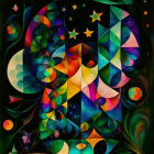 Colorful Abstract Art: Stylized Face Amid Mosaic of Shapes