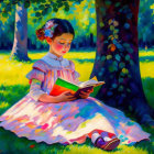 Young girl in white dress reading book in sunny park