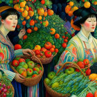 Colorful artwork: Woman in kimono with cat, fruit baskets, greenery
