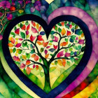 Vibrant watercolor heart-shaped tree with multicolored leaves on rainbow background