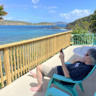 Vibrant artwork: man playing cello with giant guitar, trees, coastal landscape.