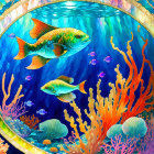 Colorful underwater scene with fish, coral, and jellyfish in ornate circular frame