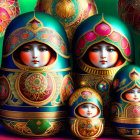 Vibrant matryoshka dolls with intricate floral patterns and detailed faces on ornate backdrop