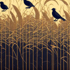 Silhouetted birds on golden wheat stalks against warm textured background