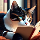 Tabby cat with striking eyes reading book on couch by sunny window