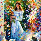 Colorful Stylized Image: Woman with Floral Patterns and Cat Figures